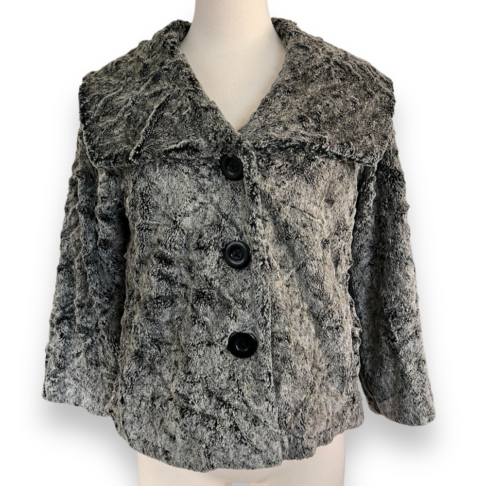 CAbi Cropped Fit Black and Gray Chinchilly Faux Fur Black Fur Jacket